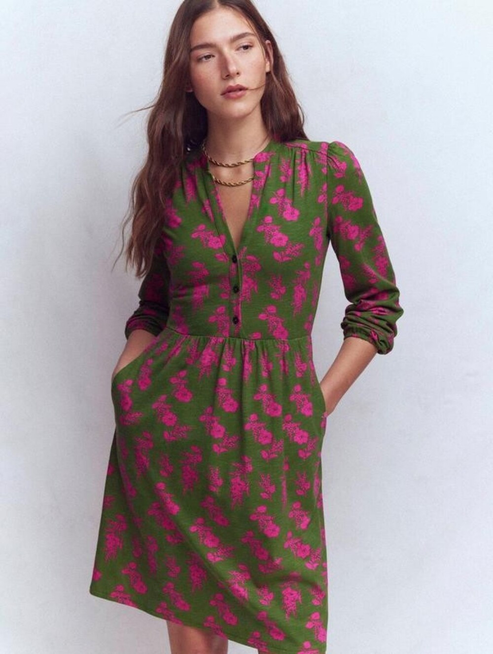 Boden Amy Floral Jersey Dress, Pink/Green